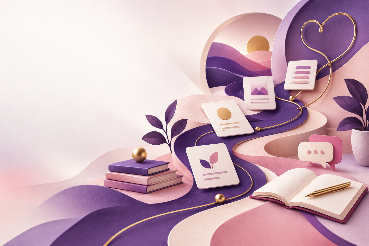 Abstract learning-design scene with books, connected learning cards, pathways, and a heart motif